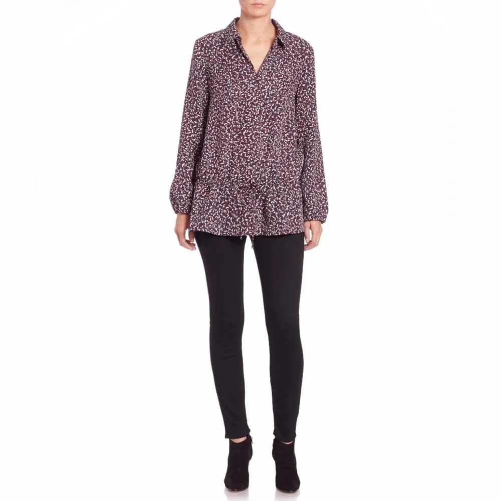 Tory Burch Silk Confetti Print Tunic Blouse Maroon Blue size 4‎